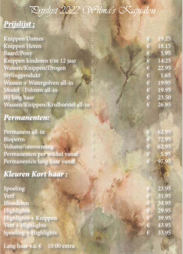 prijslijst kapsalon